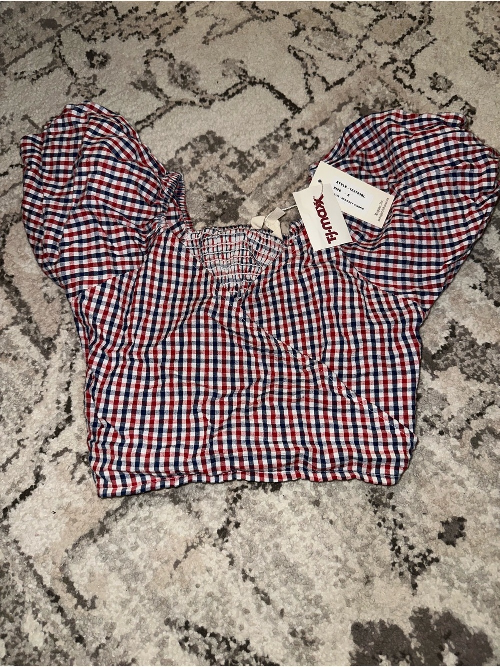 Red, White & Blue Gingham Puff Sleeve Crop Top